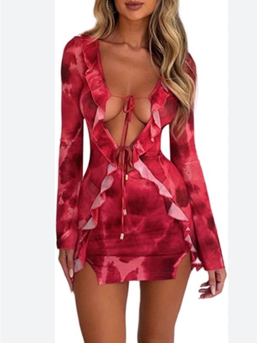 Outcast mesh Red Tie-Front Ruffle Long-Sleeve Mini Dress